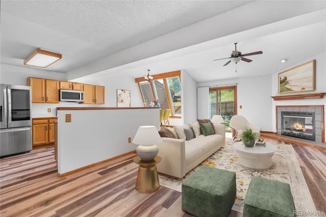 a living room with furniture a fireplace and paintings on the wall