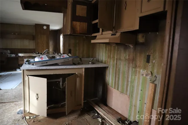a kitchen with a sink and cabinets