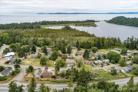 an aerial view of residential houses with outdoor space and trees all around