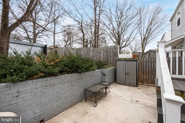 a backyard of a house with plants and large tree