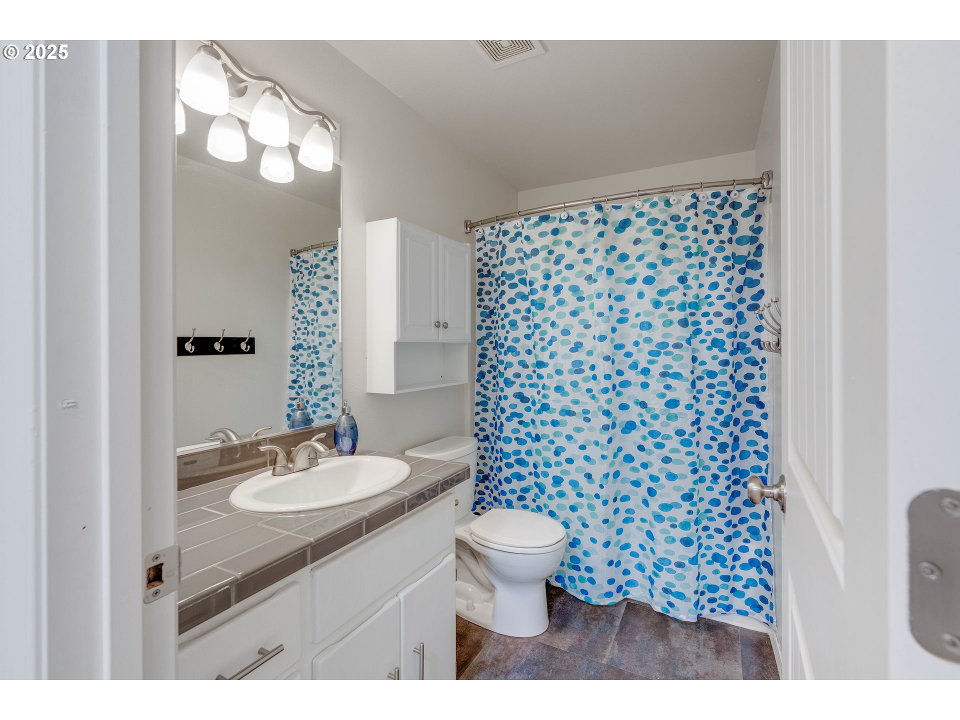 4043 Southeast Harmony Place Camas, WA 98607 - Photo 25 of 40 a bathroom with a sink a toilet a mirror and shower curtain