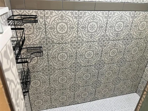 a bathroom with a shower curtain