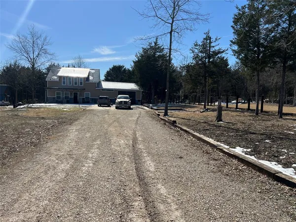 a view of a backyard with large trees
