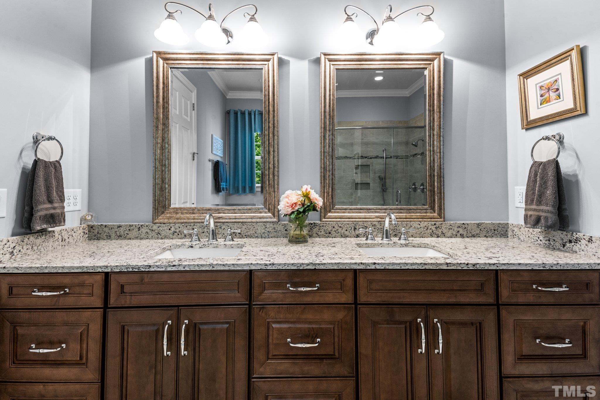 384 Colonial Ridge Drive Pittsboro, NC 27312 - Photo 13 of 47 a bathroom with a granite countertop sink and a mirror
