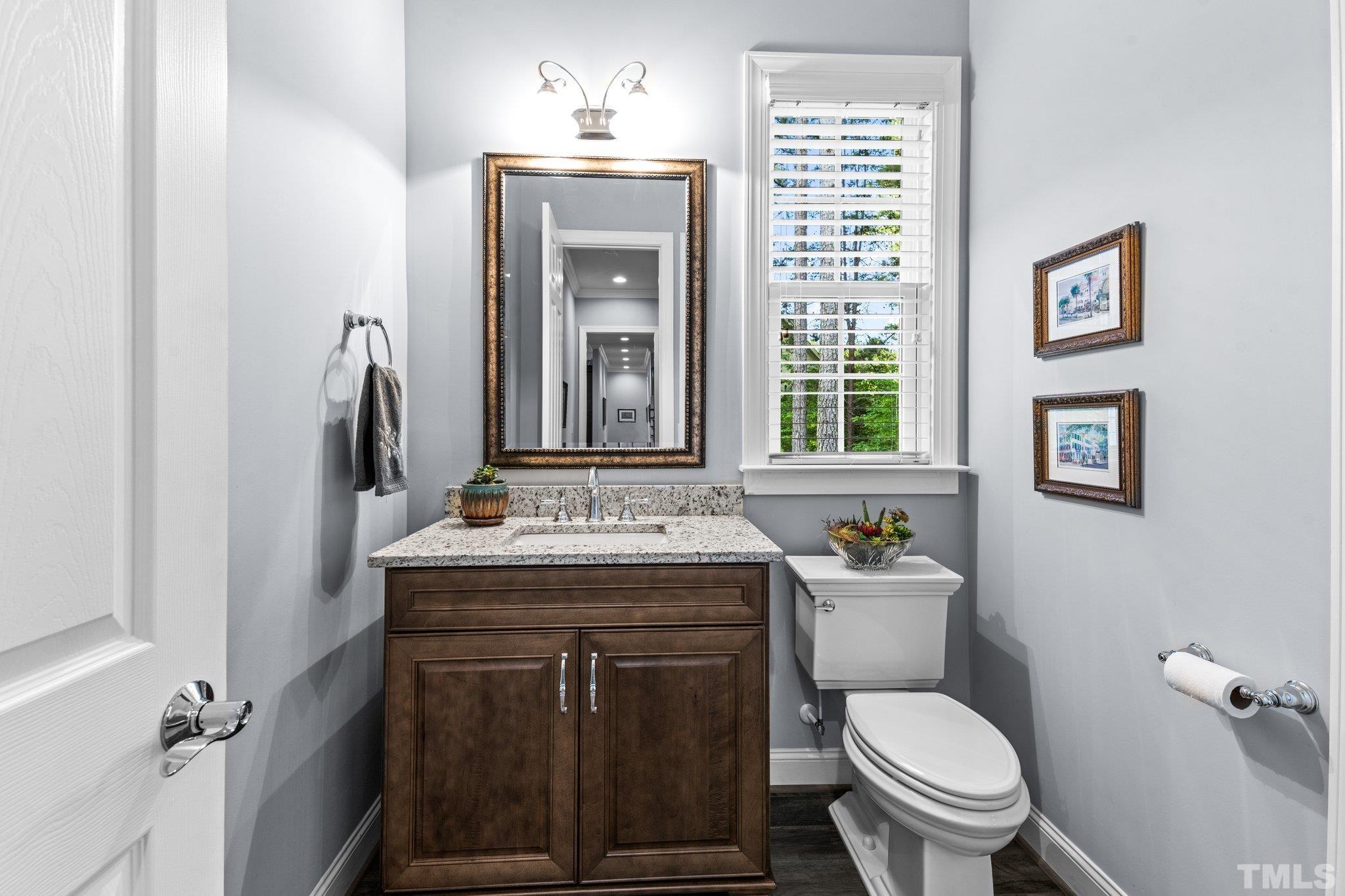 384 Colonial Ridge Drive Pittsboro, NC 27312 - Photo 17 of 47 a bathroom with a granite countertop toilet sink and mirror