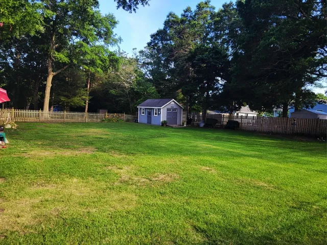 a view of a tree in front of a house with a big yard