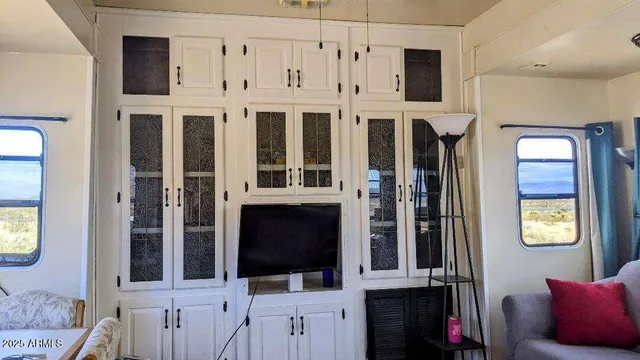 a living room with furniture windows and flat screen tv