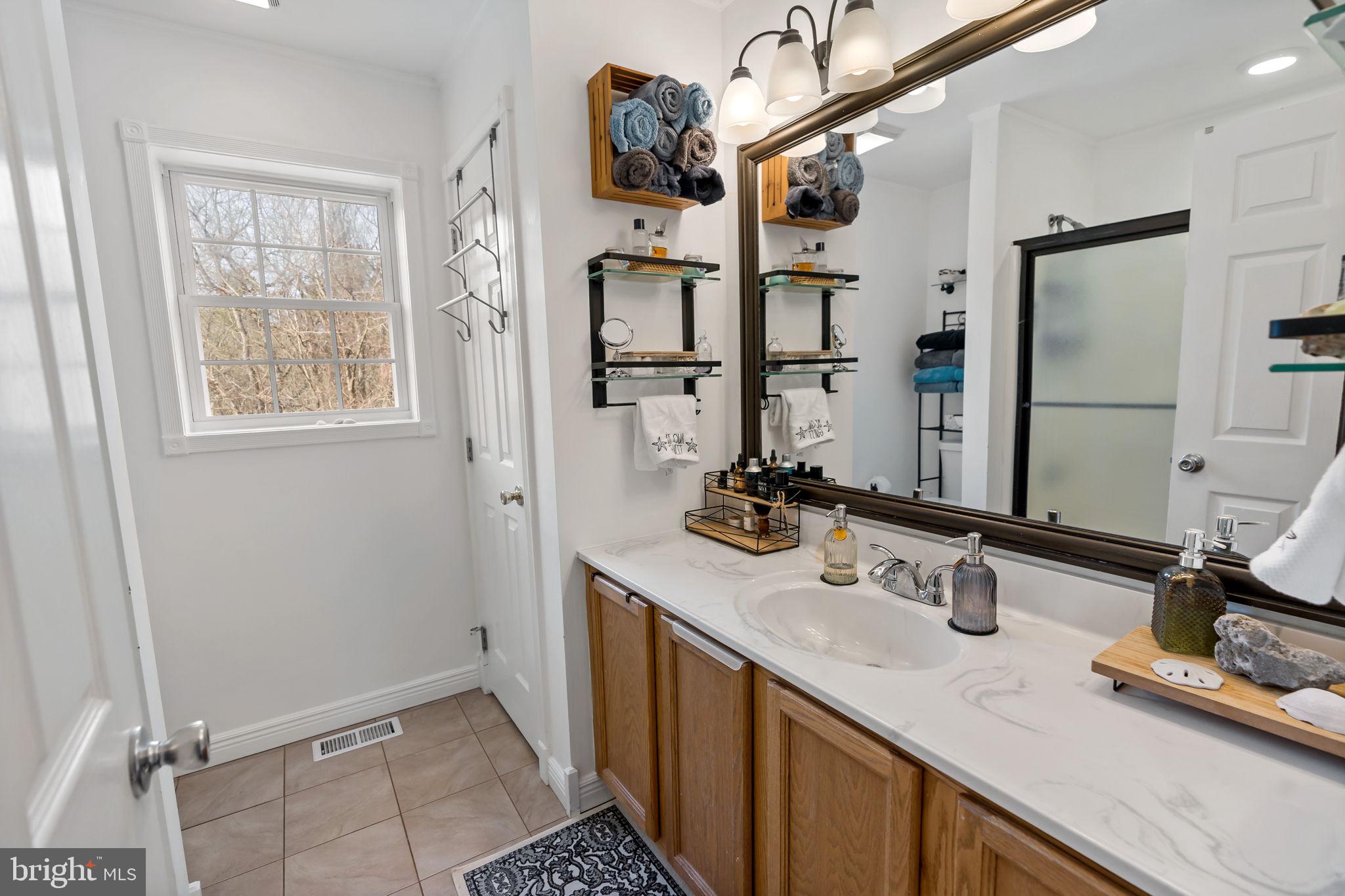 5632 Hines Road Frederick, MD 21704 - Photo 27 of 44 a bathroom with double vanity sink a mirror and a shower