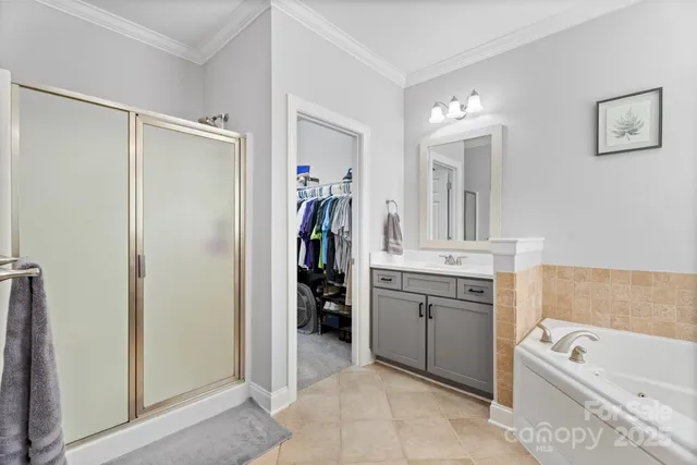 a bathroom with a tub a sink and a large mirror
