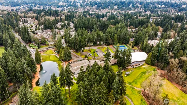 an aerial view of a swimming pool with a yard and trees