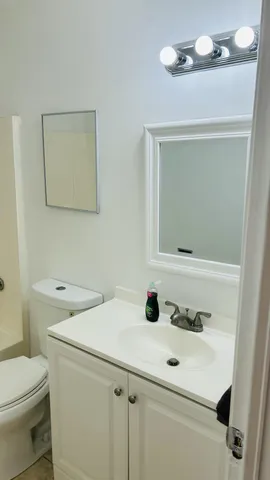 a bathroom with a sink a toilet and mirror