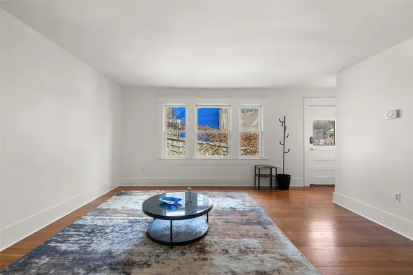 a living room with a couch and a potted plant