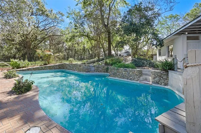 a view of a backyard with large trees
