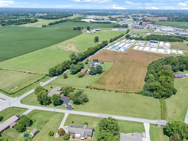 an aerial view of a houses with a yard