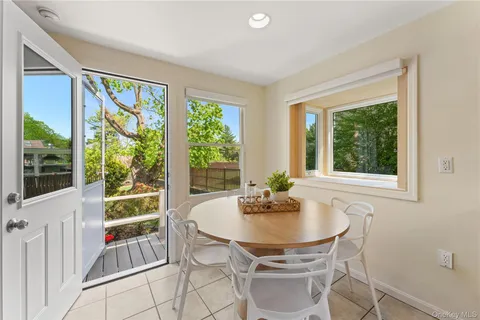 a view of a dining room with furniture window and outside view