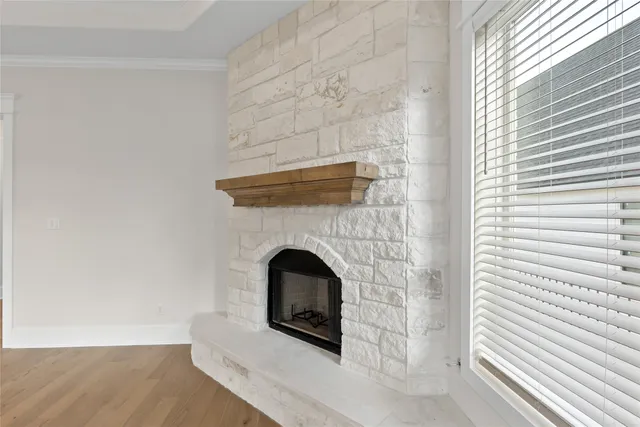 a living room with a fireplace