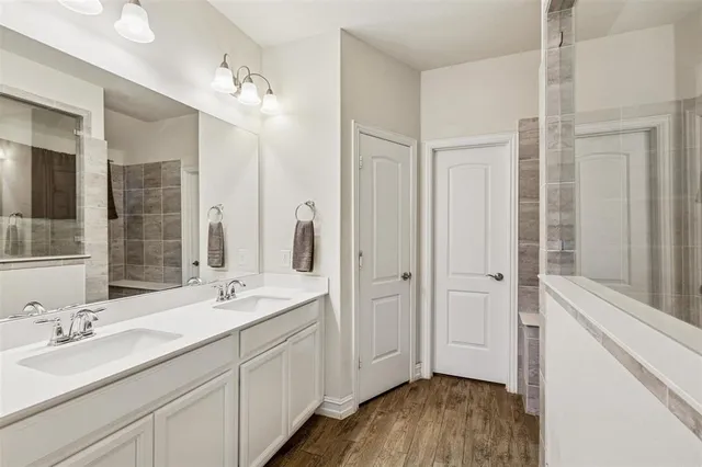 a bathroom with a double vanity sink a mirror and a shower