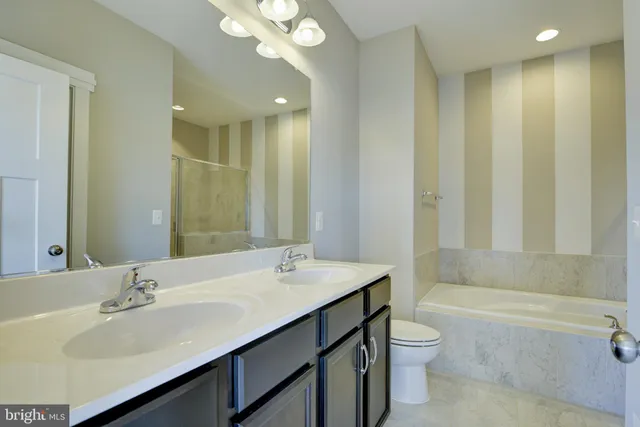 a bathroom with a double vanity sink mirror double and bathtub