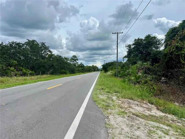 a view of a street with a yard and large trees