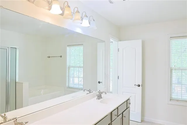 a bathroom with a sink a mirror and a shower