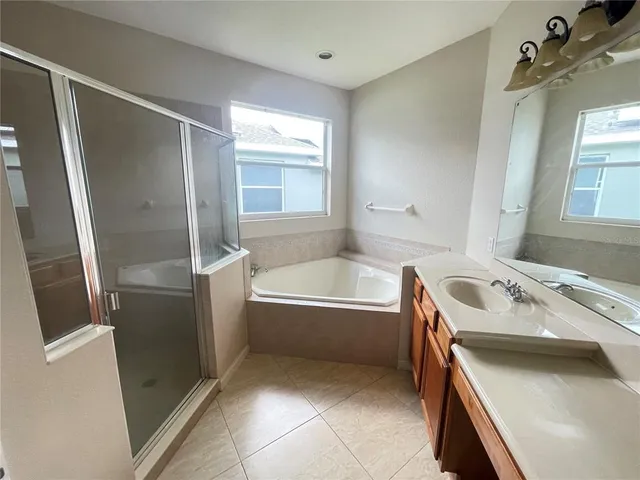 a bathroom with a bathtub sink and mirror