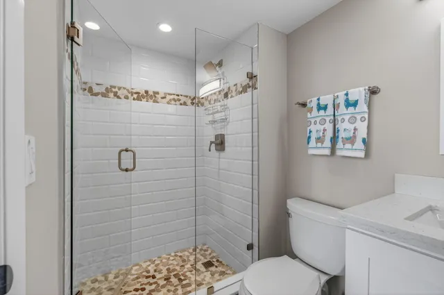 a bathroom with a toilet a sink and shower