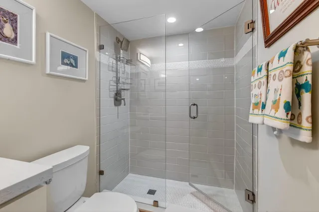 a bathroom with a shower a sink and toilet