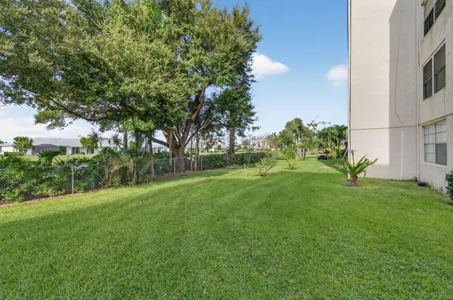 a view of a backyard with potted plants and large trees