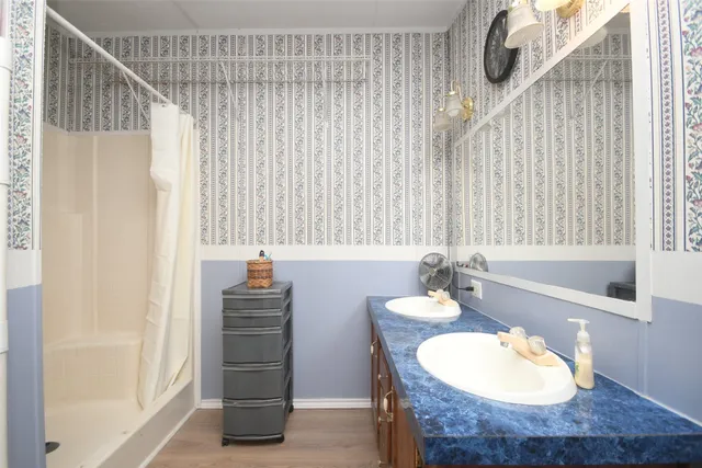 a bathroom with a sink vanity and a mirror