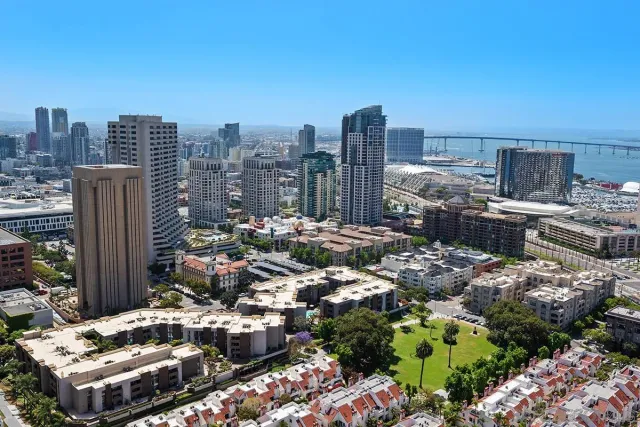 a view of a city that has tall buildings