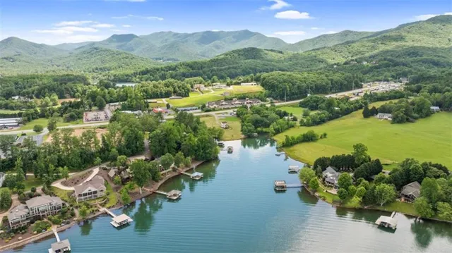 a view of a lake with mountains in the background