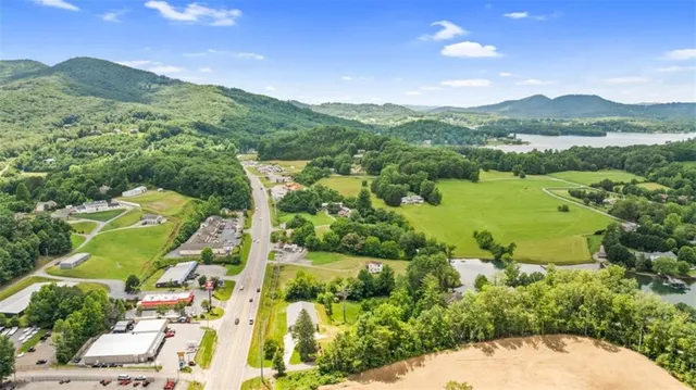 a view of a lake with mountains in the background