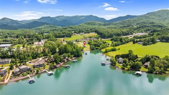 a view of a lake with mountains in the background