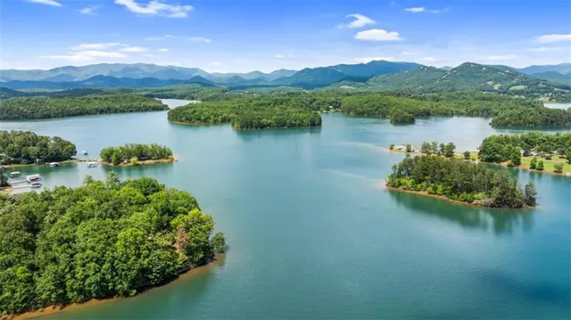 an aerial view of a house with a lake view
