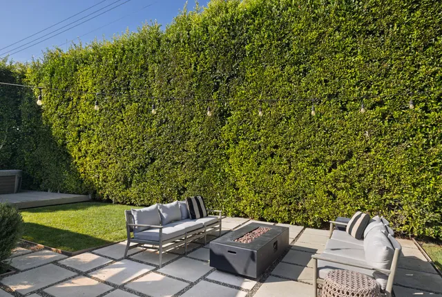 a view of a yard with furniture