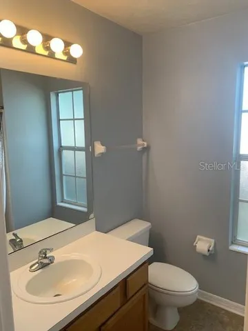 a bathroom with a sink a toilet and mirror