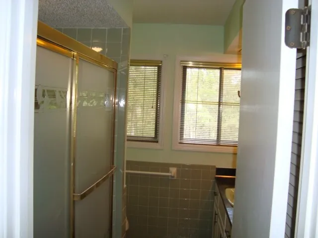 a bathroom with a shower and a toilet