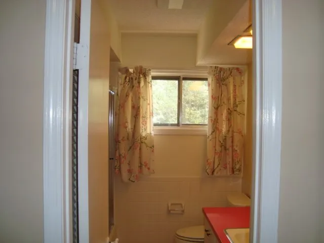a bathroom with a toilet mirror and vanity
