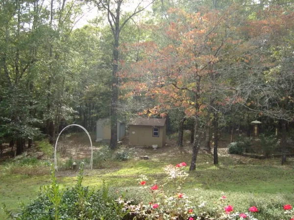 a backyard of a house with lots of green space and fountain in the back