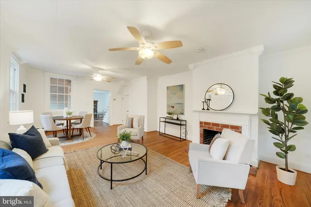 a living room with furniture a fireplace and a potted plant