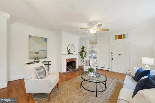 a living room with furniture a fireplace and a potted plant