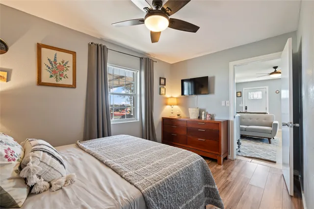 a view of a lake with outdoor seating