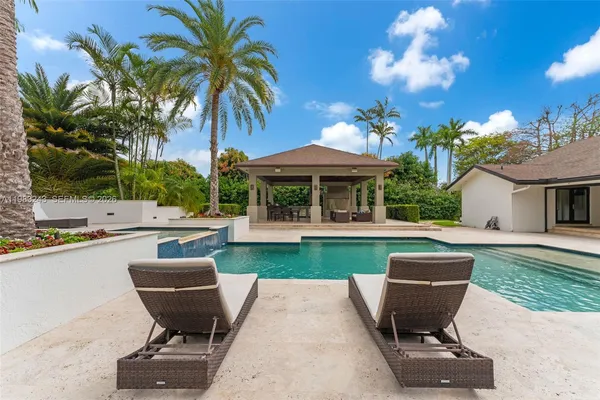 a view of a yard with plants and trees