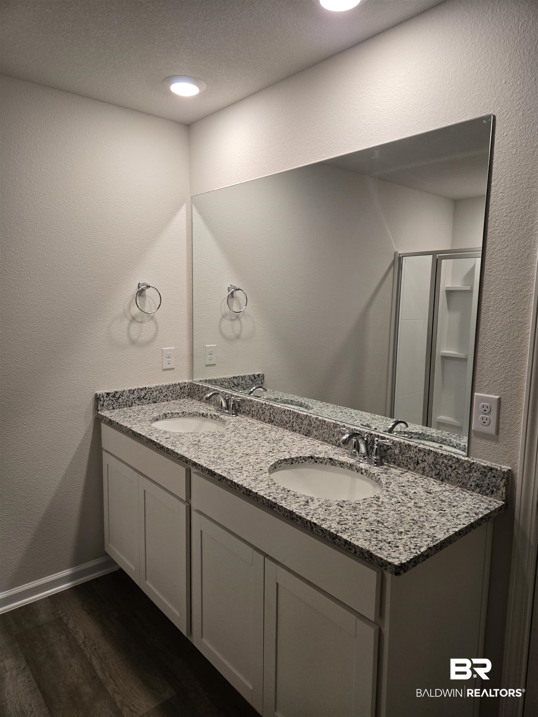 24194 Veranda Circle Elberta, AL 36530 - Photo 28 of 31 Bathroom featuring hardwood / wood-style floors, vanity, walk in shower, and a textured ceiling
