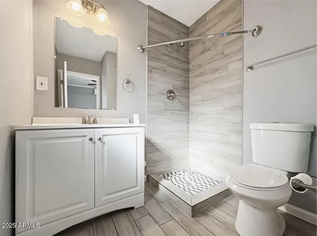 a bathroom with a sink a toilet and shower