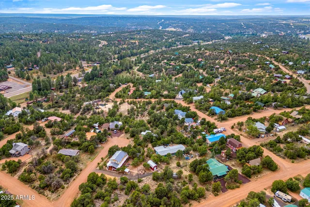 an aerial view of residential houses with city and green space