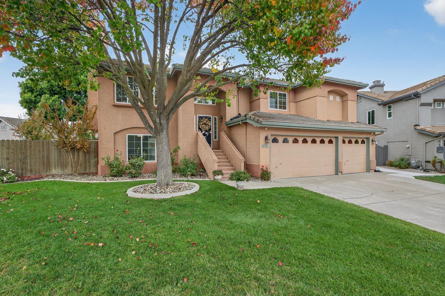 a view of a house with a yard and a tree