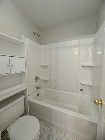a bathroom with a bathtub and a toilet