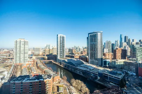 a city view with tall buildings
