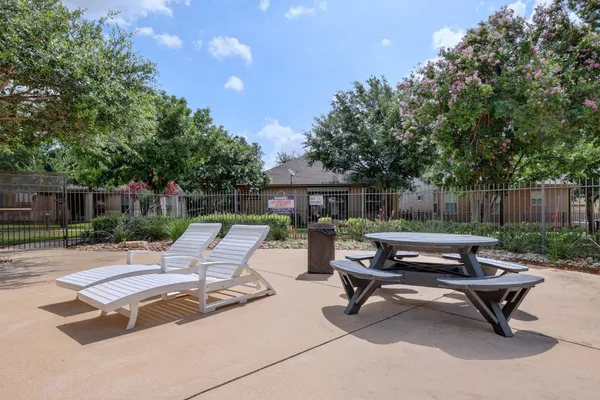 a view of garden with flowers and trees